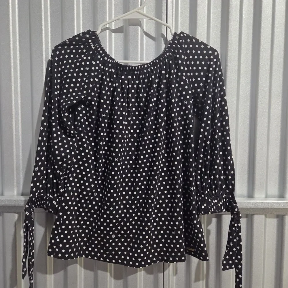MICHAEL Michael Kors Polka Dot Top M Black White Tie Sleeve Peasant Boho Blouse